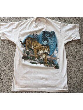 Vintage 1993 Mountain Lion Cat Single Stitch White Shirt Cotton MEDIUM
